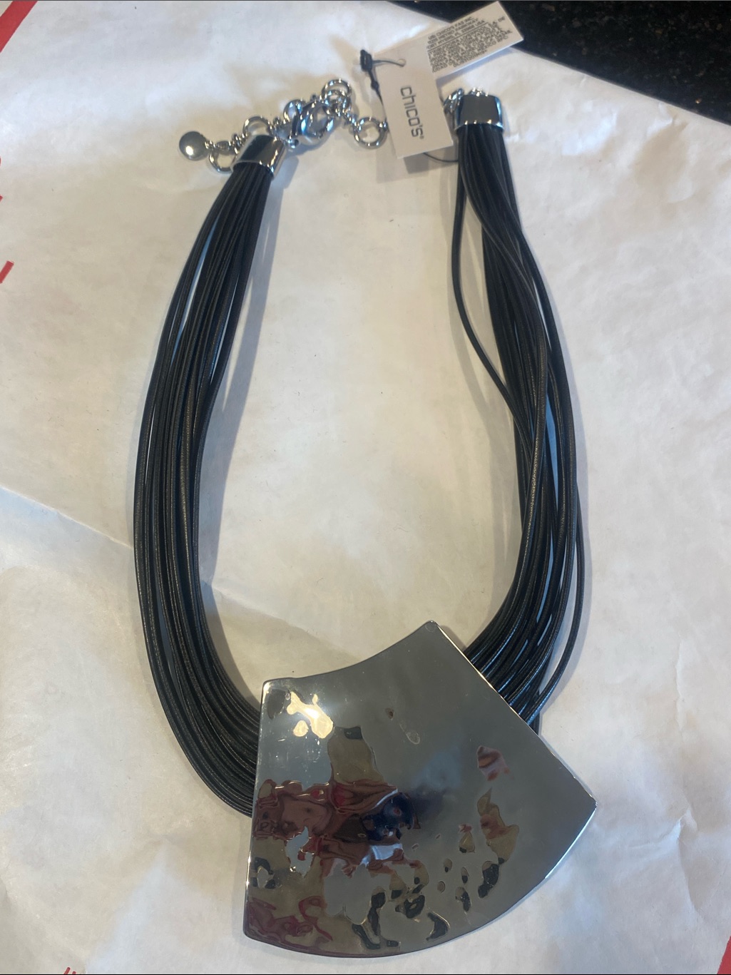 Chico's Black Multi-Strand Necklace With Shiny Silver Pendant